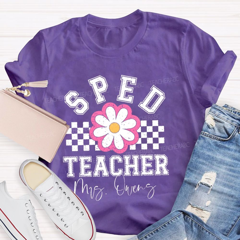 Personalized  Name  Sped Teacher Flowers Checkered  Teacher T-shirt