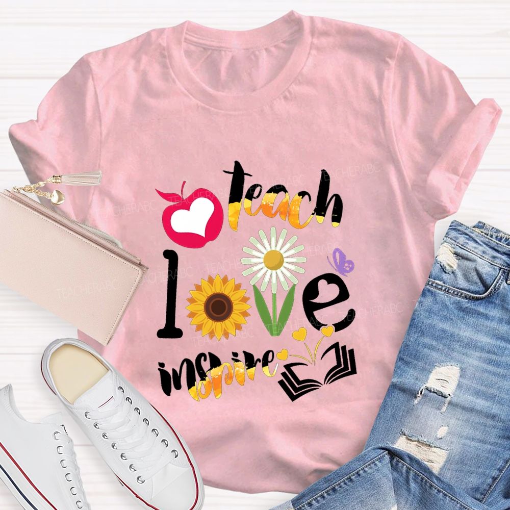 Teach Love Inspire Sunflowers And Gradient Fonts Teacher T-shirt