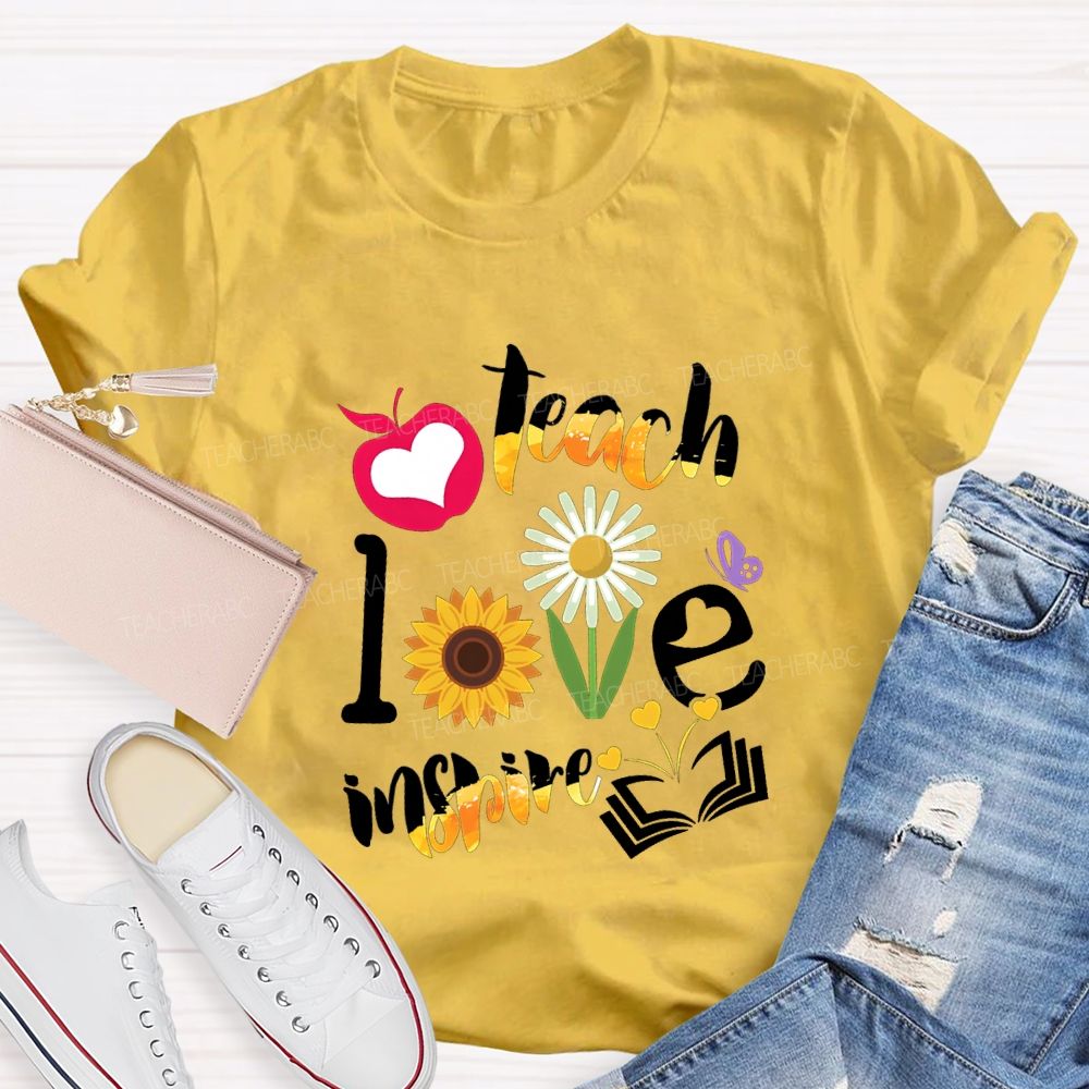 Teach Love Inspire Sunflowers And Gradient Fonts Teacher T-shirt