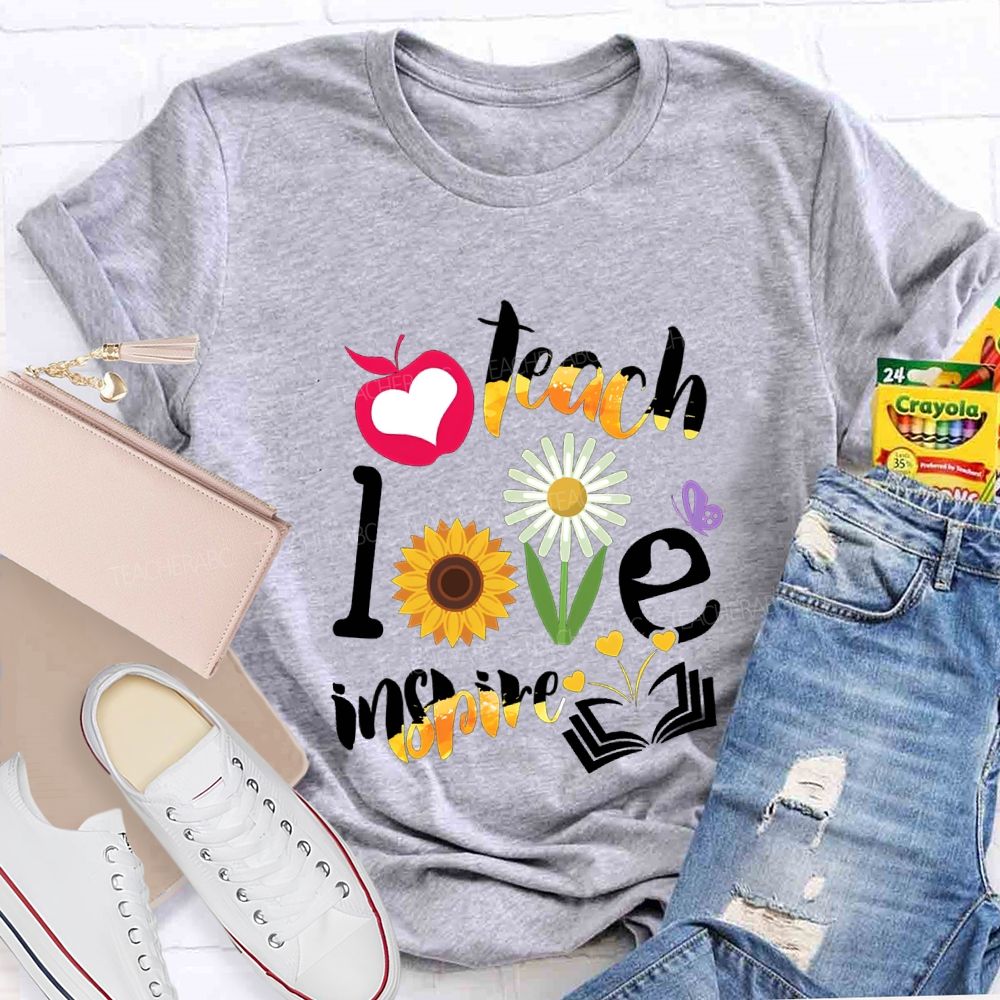 Teach Love Inspire Sunflowers And Gradient Fonts Teacher T-shirt