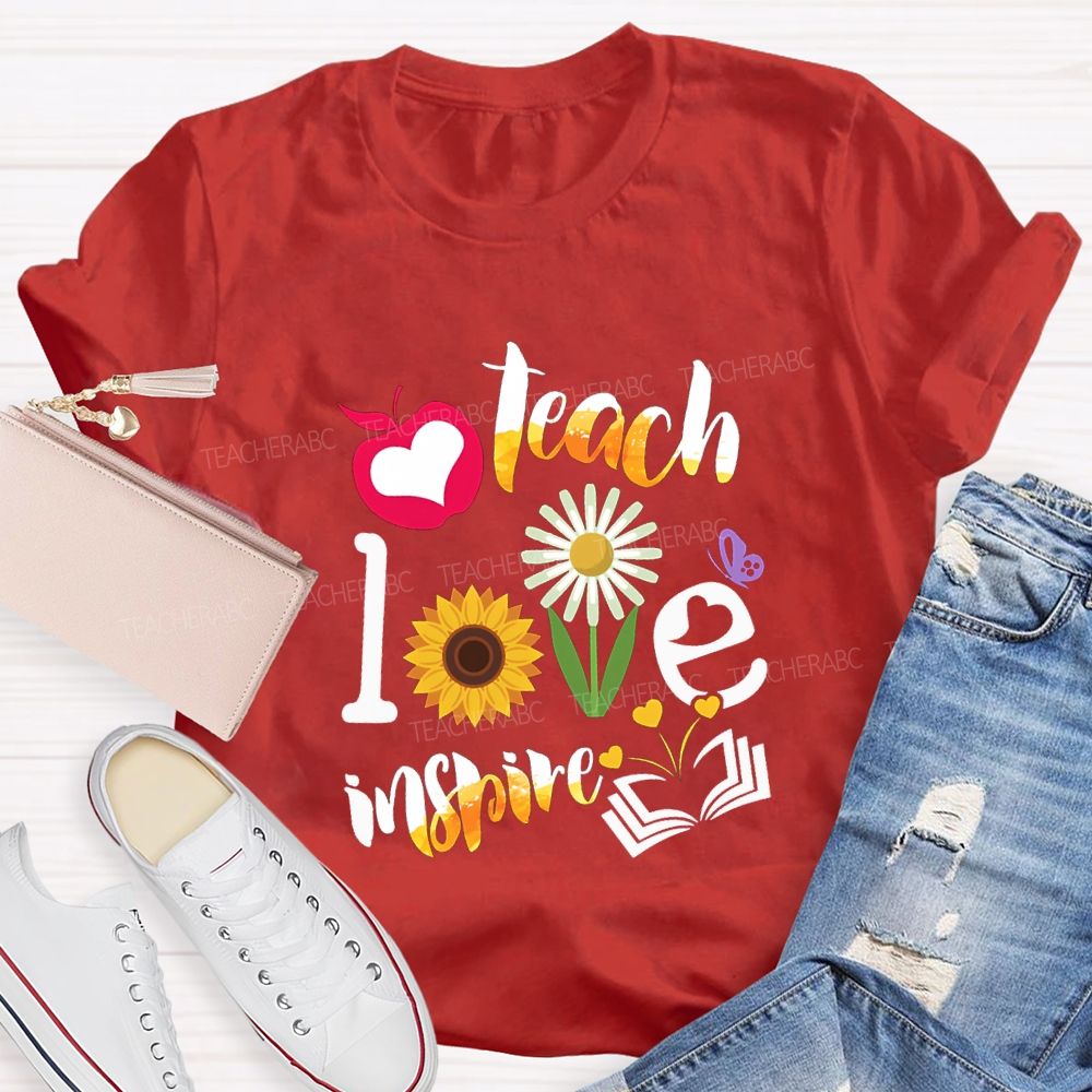 Teach Love Inspire Sunflowers And Gradient Fonts Teacher T-shirt