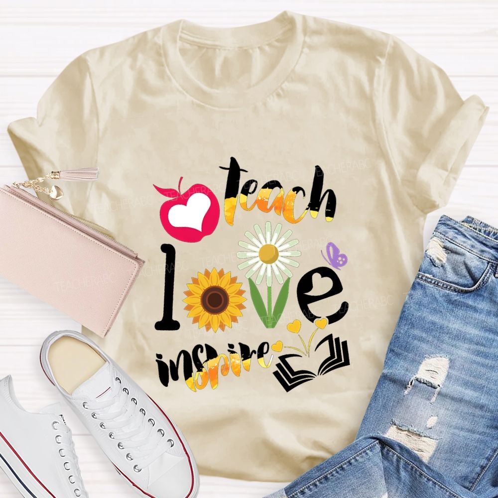 Teach Love Inspire Sunflowers And Gradient Fonts Teacher T-shirt