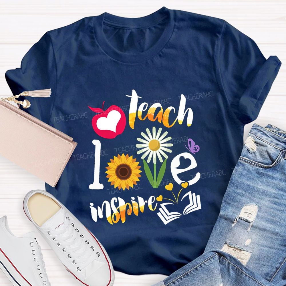 Teach Love Inspire Sunflowers And Gradient Fonts Teacher T-shirt