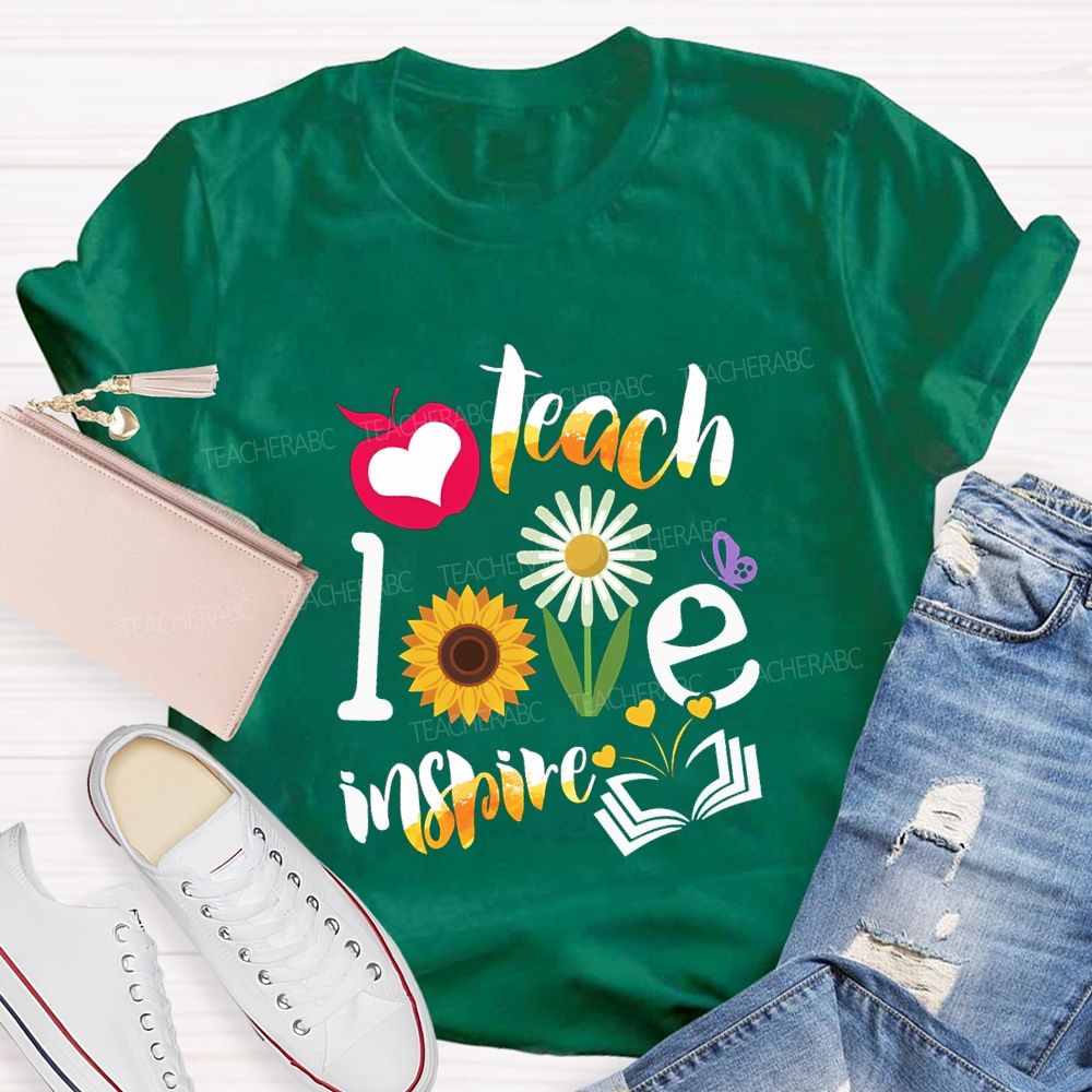 Teach Love Inspire Sunflowers And Gradient Fonts Teacher T-shirt