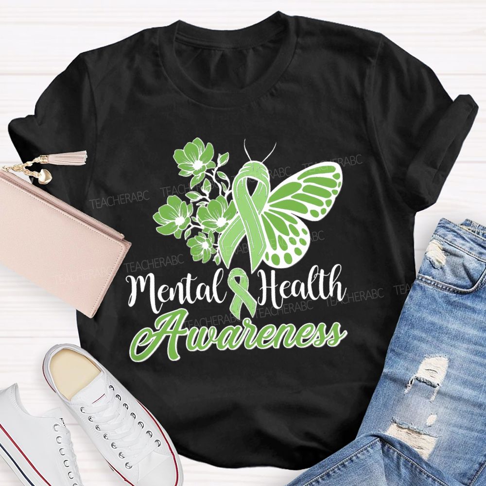 Mental Helat Awareness Green Butterfly Ribbon Teacher T-Shirt