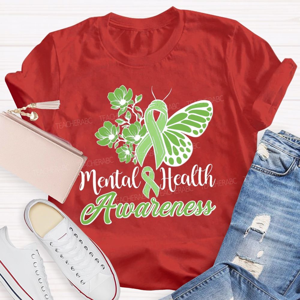 Mental Helat Awareness Green Butterfly Ribbon Teacher T-Shirt