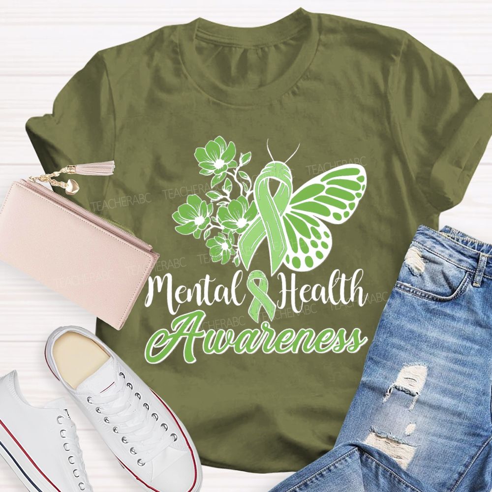 Mental Helat Awareness Green Butterfly Ribbon Teacher T-Shirt