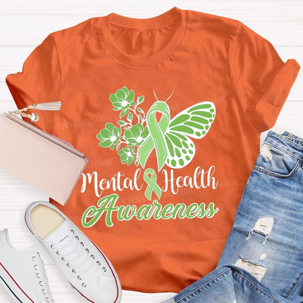 Mental Helat Awareness Green Butterfly Ribbon Teacher T-Shirt