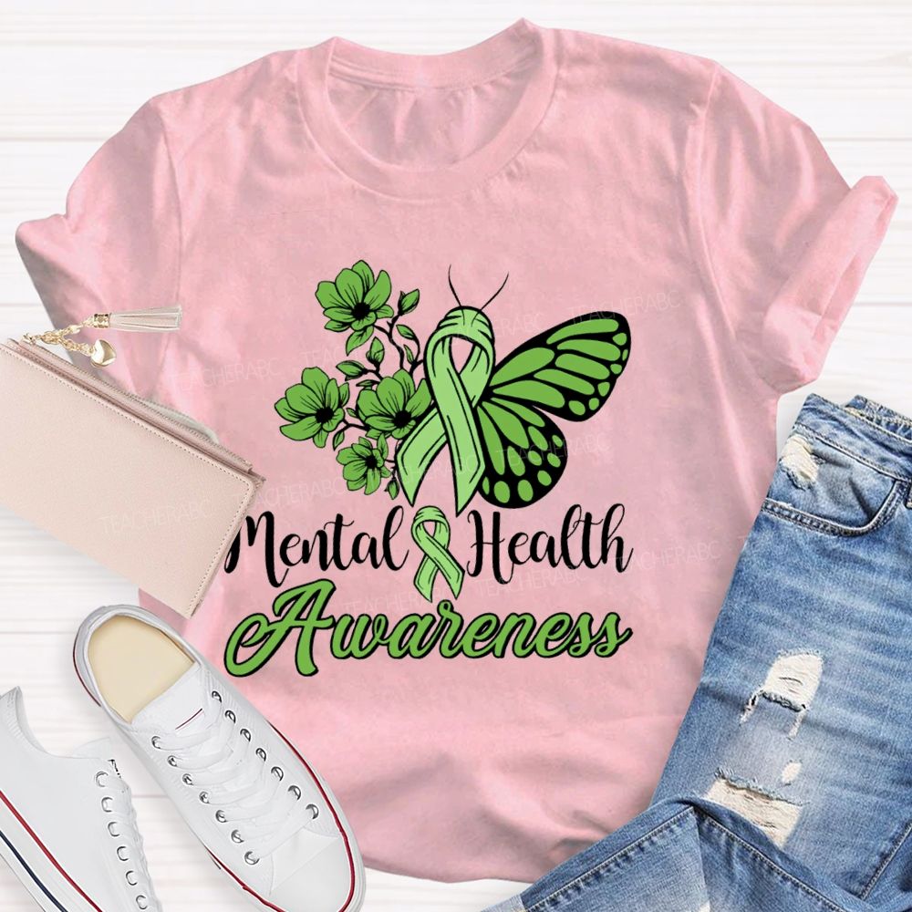 Mental Helat Awareness Green Butterfly Ribbon Teacher T-Shirt