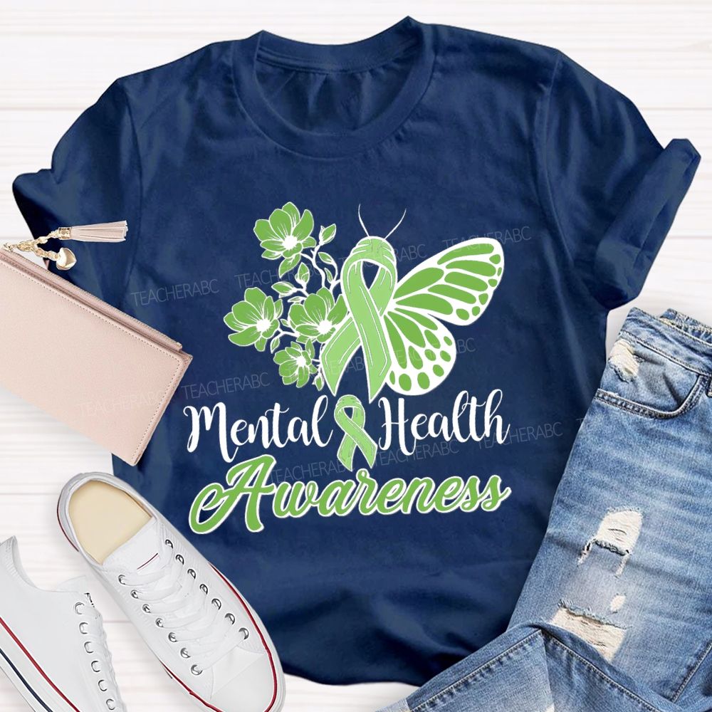 Mental Helat Awareness Green Butterfly Ribbon Teacher T-Shirt