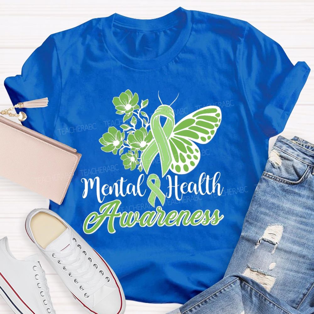 Mental Helat Awareness Green Butterfly Ribbon Teacher T-Shirt