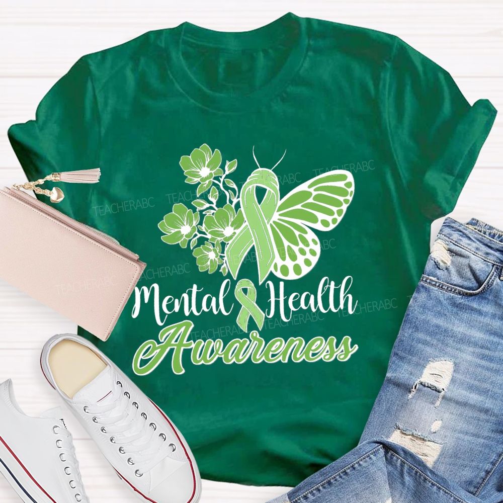 Mental Helat Awareness Green Butterfly Ribbon Teacher T-Shirt