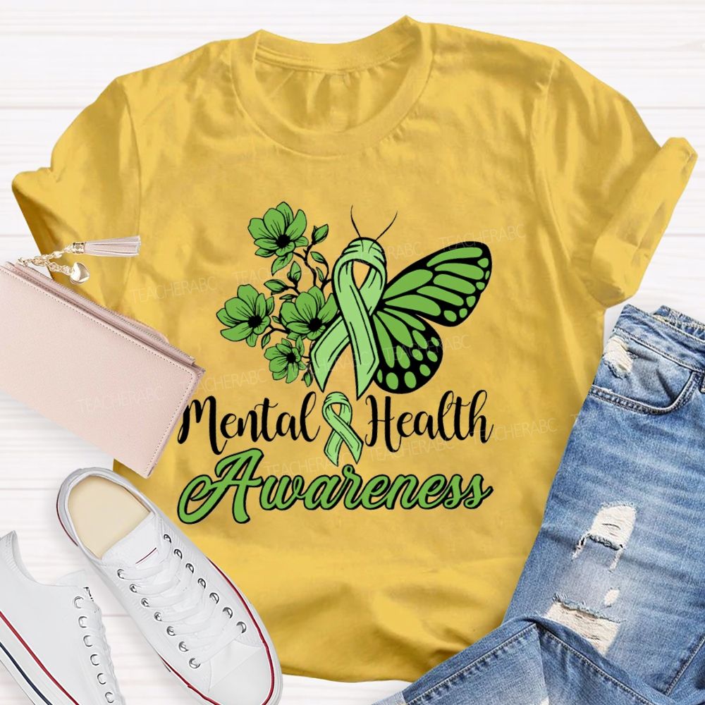 Mental Helat Awareness Green Butterfly Ribbon Teacher T-Shirt
