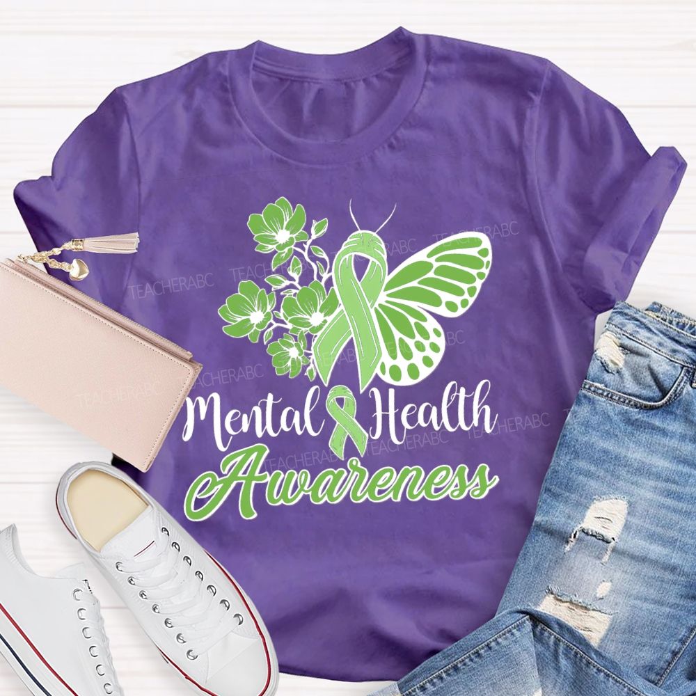 Mental Helat Awareness Green Butterfly Ribbon Teacher T-Shirt