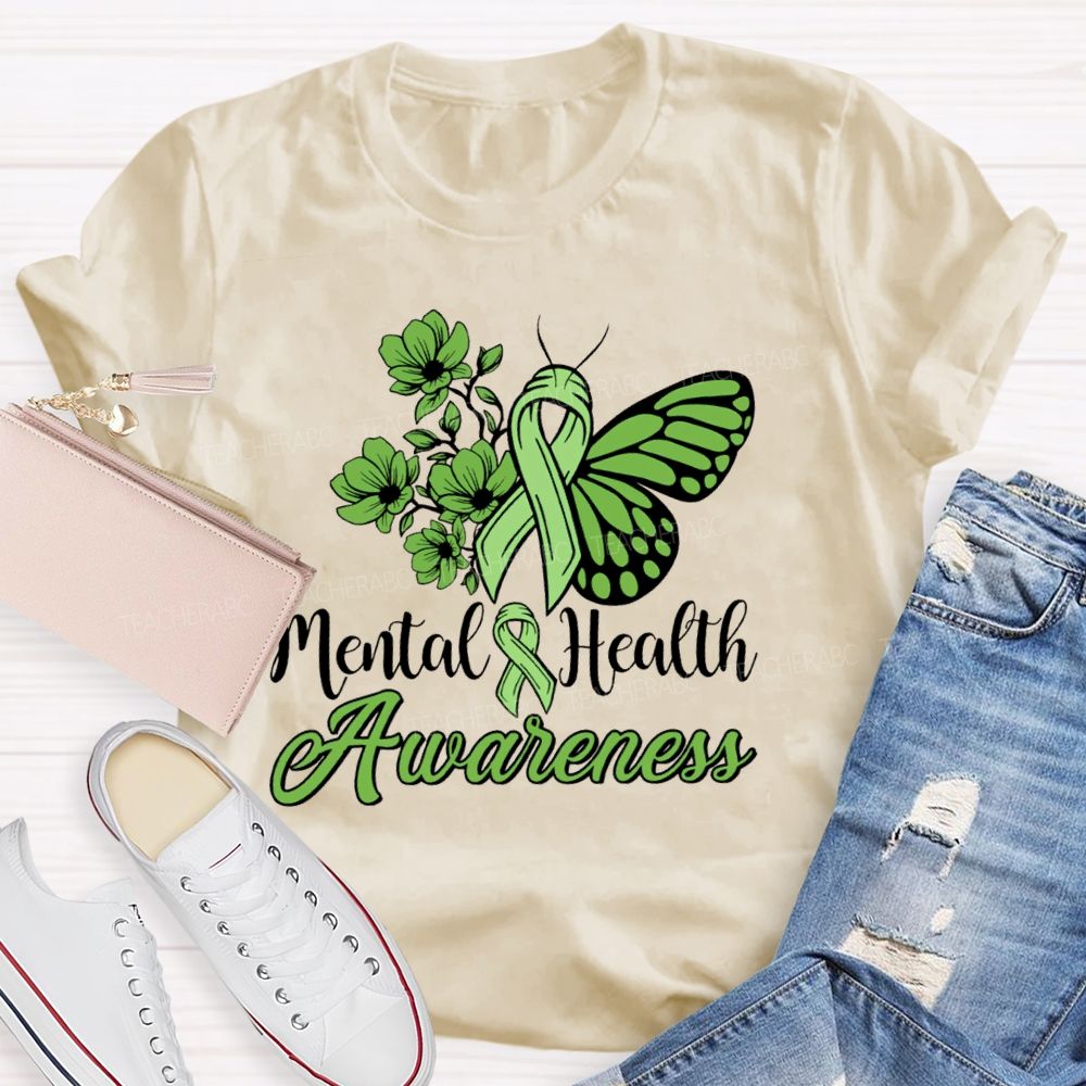 Mental Helat Awareness Green Butterfly Ribbon Teacher T-Shirt