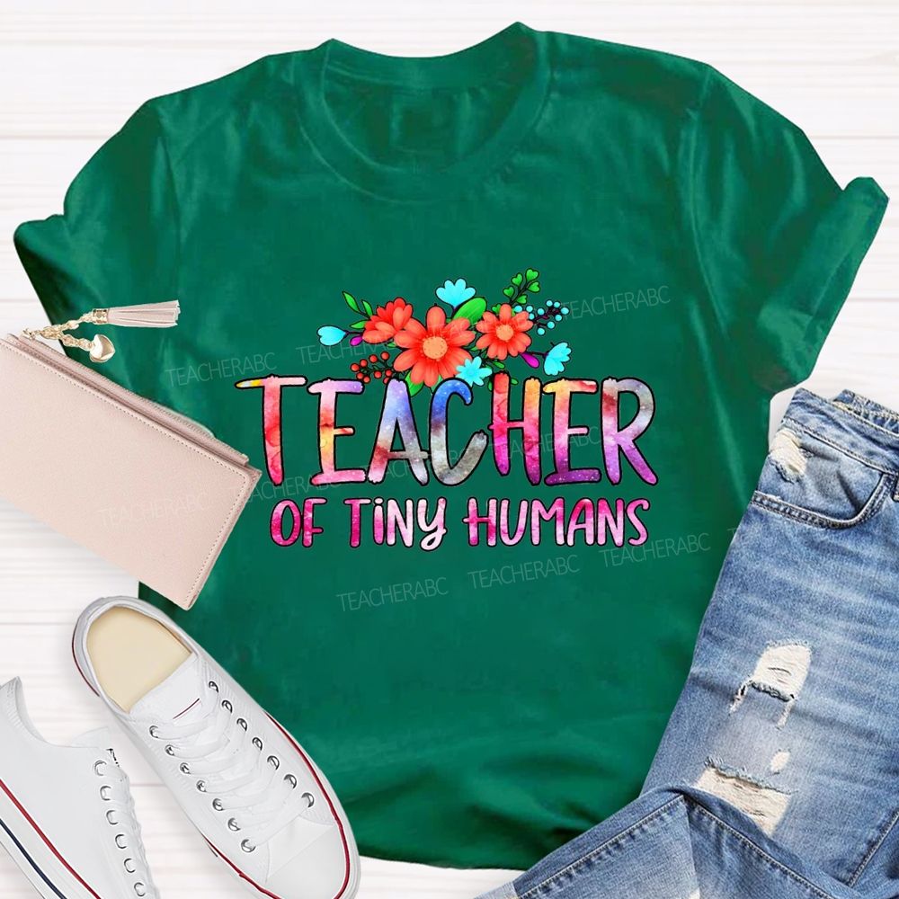 Teacher Of Tiny Humans Gradient Text And Flowers Teacher T-shirt