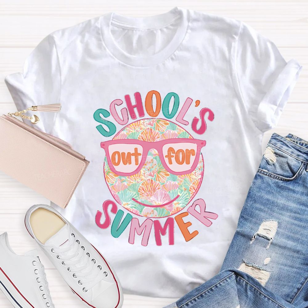 School's Out For Summer Floral Happy Face Teacher T-Shirt