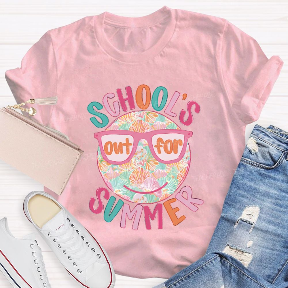 School's Out For Summer Floral Happy Face Teacher T-Shirt