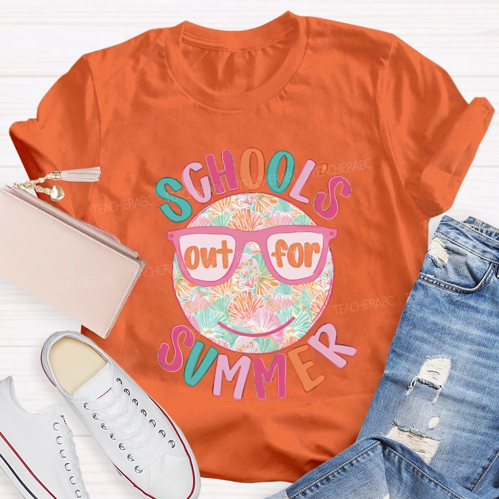 School's Out For Summer Floral Happy Face Teacher T-Shirt