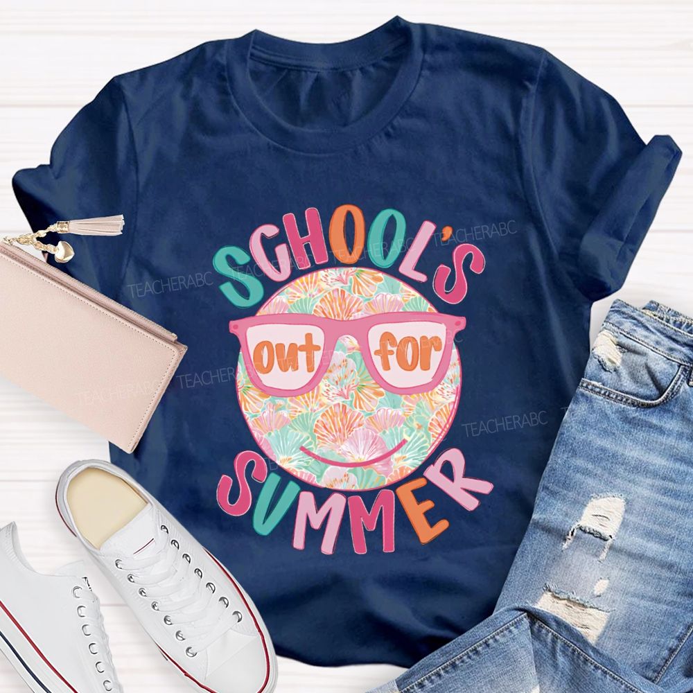 School's Out For Summer Floral Happy Face Teacher T-Shirt