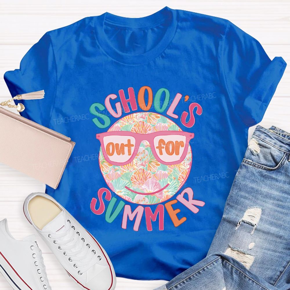 School's Out For Summer Floral Happy Face Teacher T-Shirt