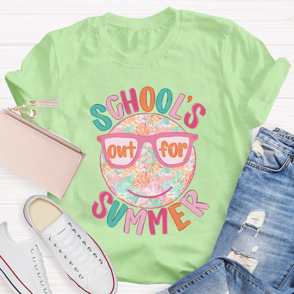 School's Out For Summer Floral Happy Face Teacher T-Shirt