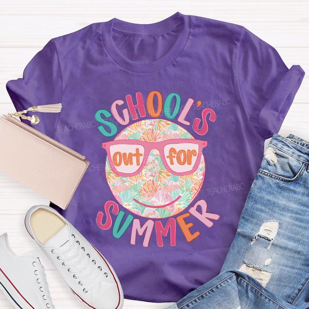 School's Out For Summer Floral Happy Face Teacher T-Shirt