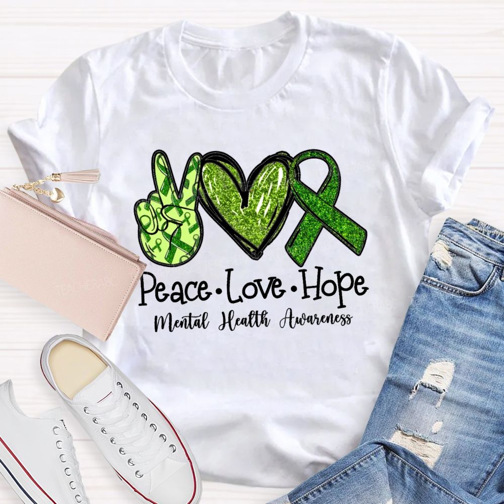 Peace Love Hope Green hands Heart Teacher T-shirt