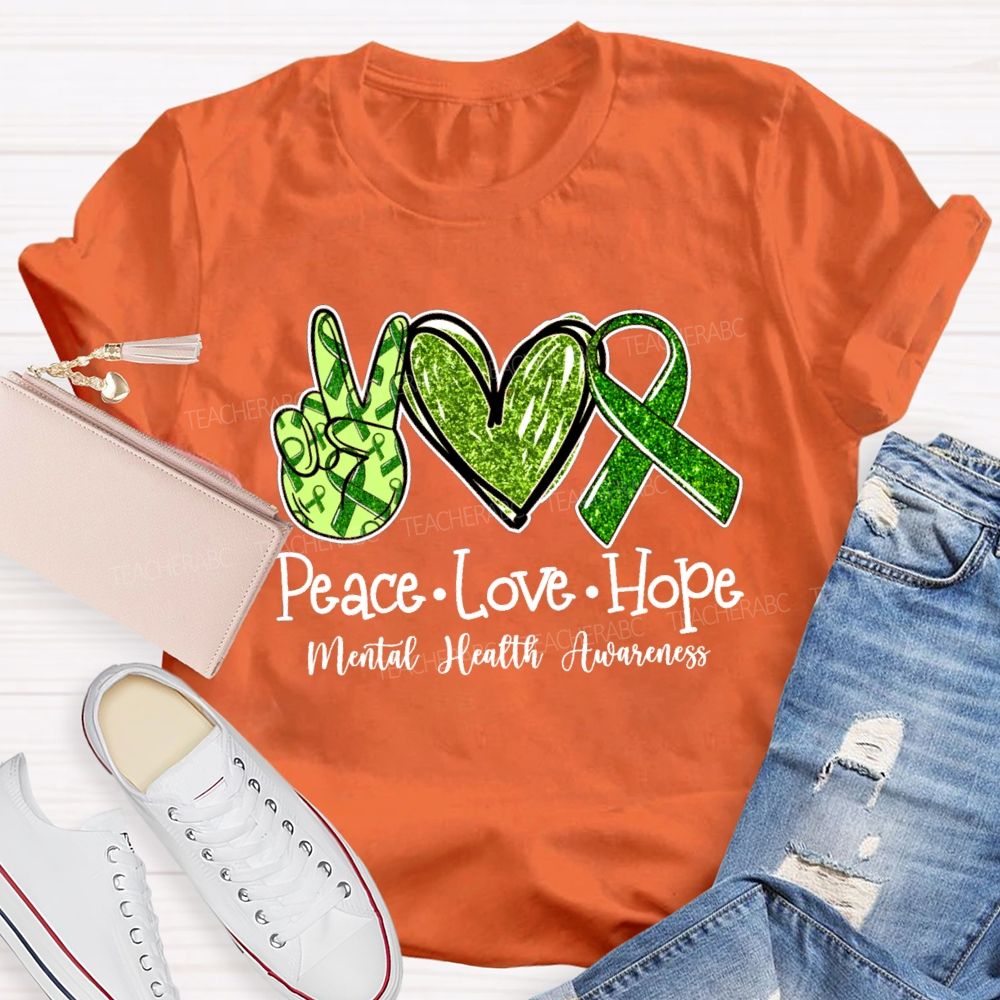 Peace Love Hope Green hands Heart Teacher T-shirt