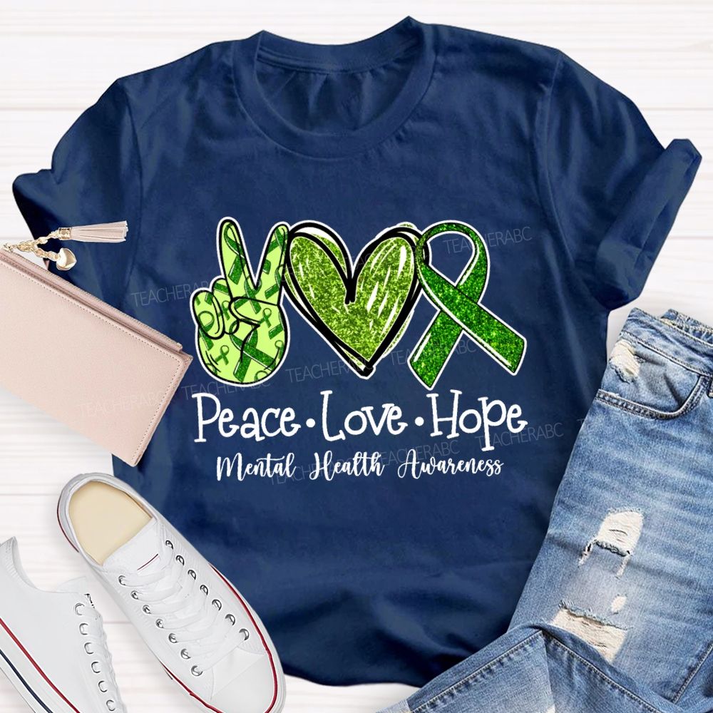 Peace Love Hope Green hands Heart Teacher T-shirt