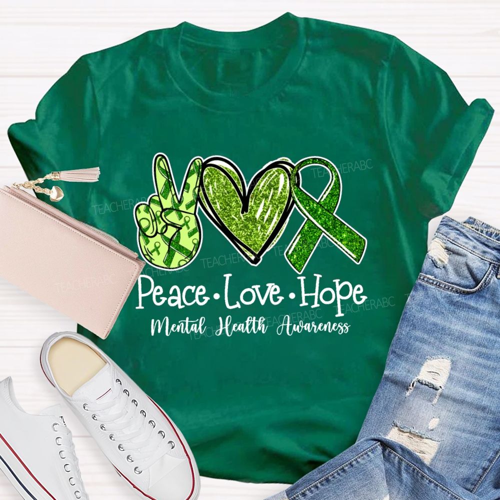 Peace Love Hope Green hands Heart Teacher T-shirt