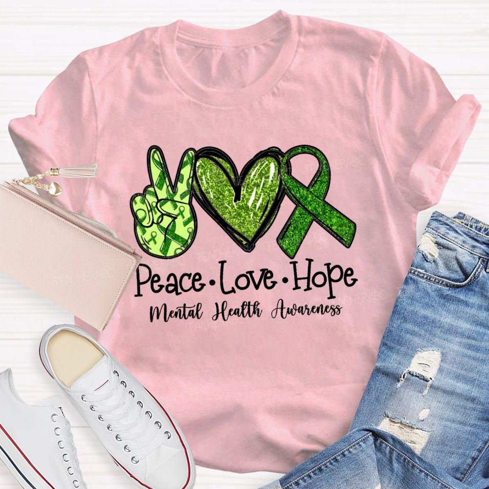 Peace Love Hope Green hands Heart Teacher T-shirt
