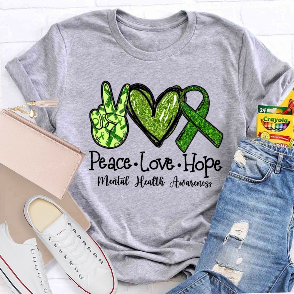 Peace Love Hope Green hands Heart Teacher T-shirt