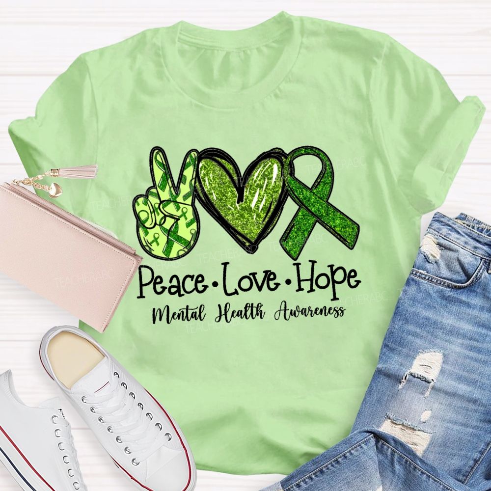 Peace Love Hope Green hands Heart Teacher T-shirt