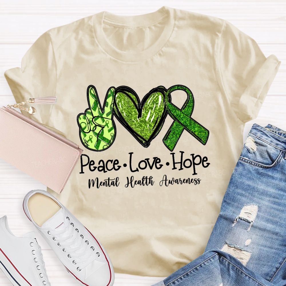 Peace Love Hope Green hands Heart Teacher T-shirt
