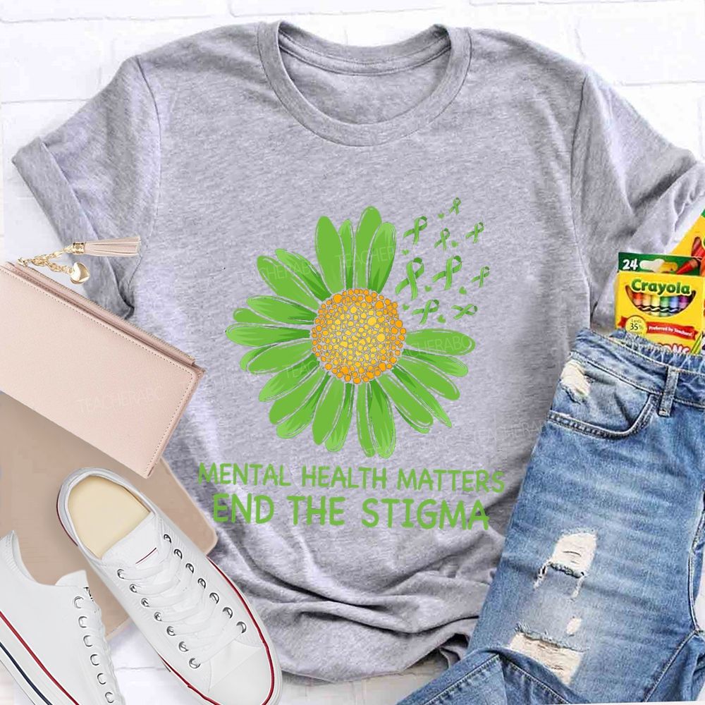 Mental Health Matters End The Stigma Green Sunflower Ribbon Teacher T-shirt