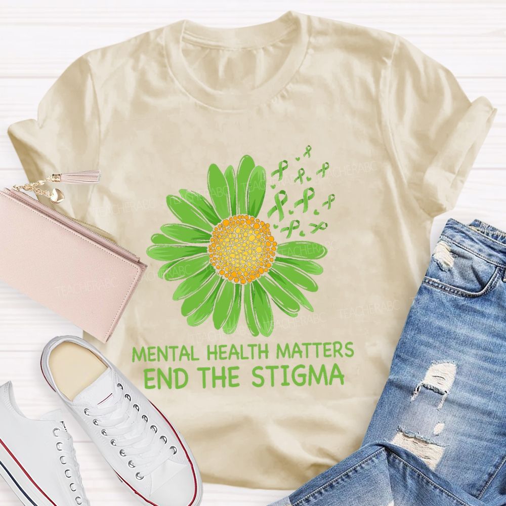 Mental Health Matters End The Stigma Green Sunflower Ribbon Teacher T-shirt