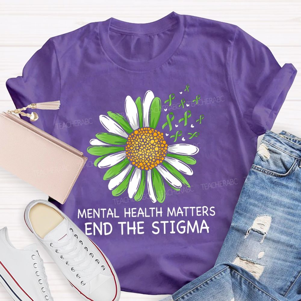 Mental Health Matters End The Stigma Green Sunflower Ribbon Teacher T-shirt