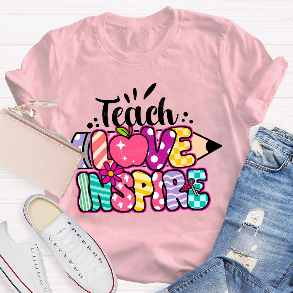 Teach Love Inspire Pencil Strip Plaid Teacher T-shirt
