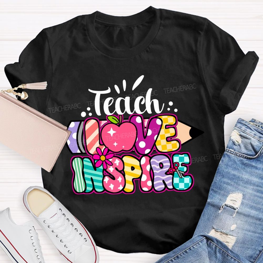 Teach Love Inspire Pencil Strip Plaid Teacher T-shirt