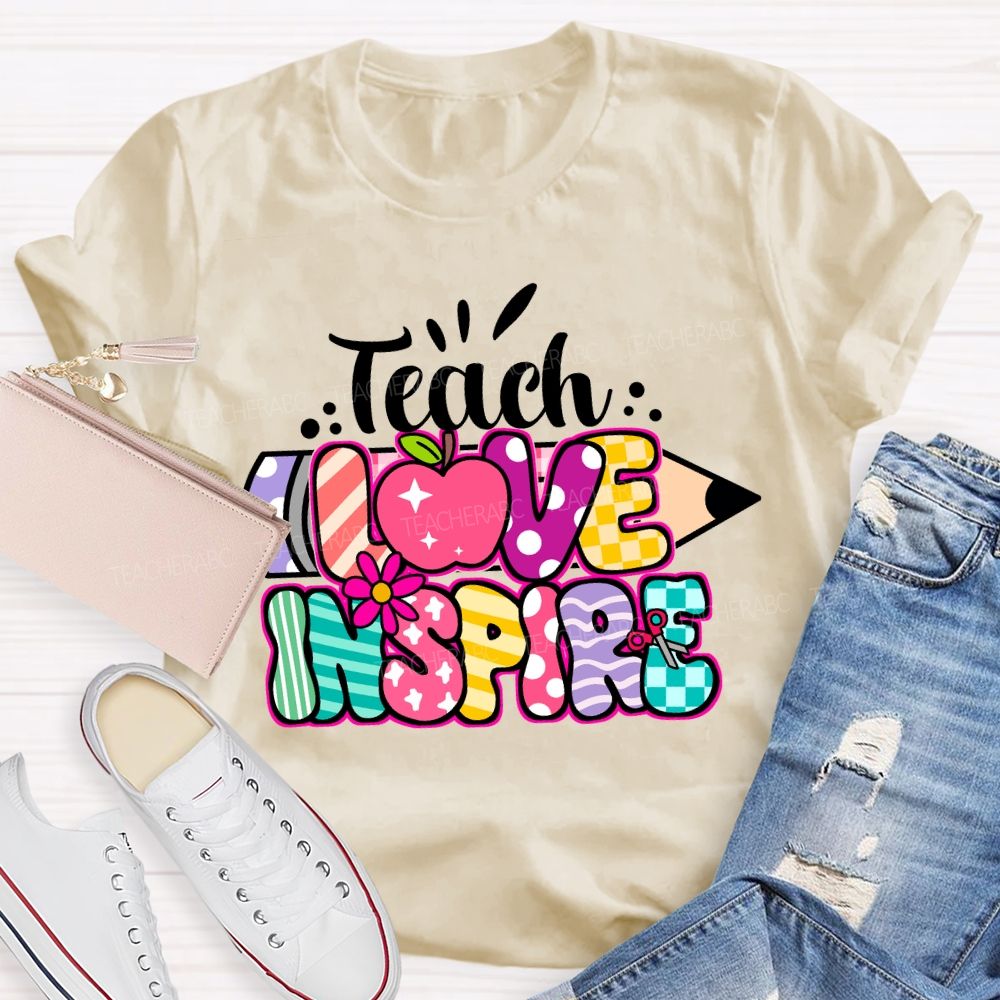 Teach Love Inspire Pencil Strip Plaid Teacher T-shirt