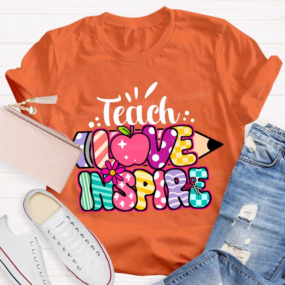 Teach Love Inspire Pencil Strip Plaid Teacher T-shirt