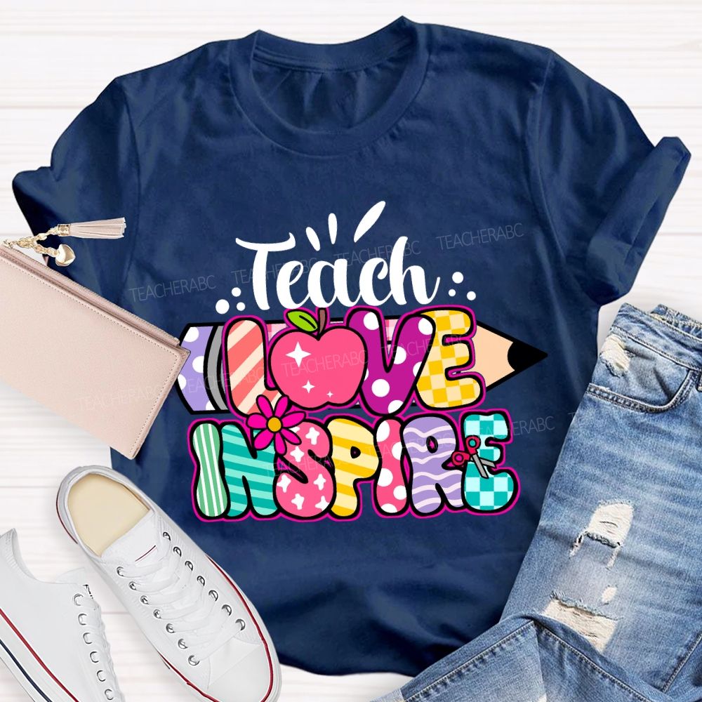 Teach Love Inspire Pencil Strip Plaid Teacher T-shirt