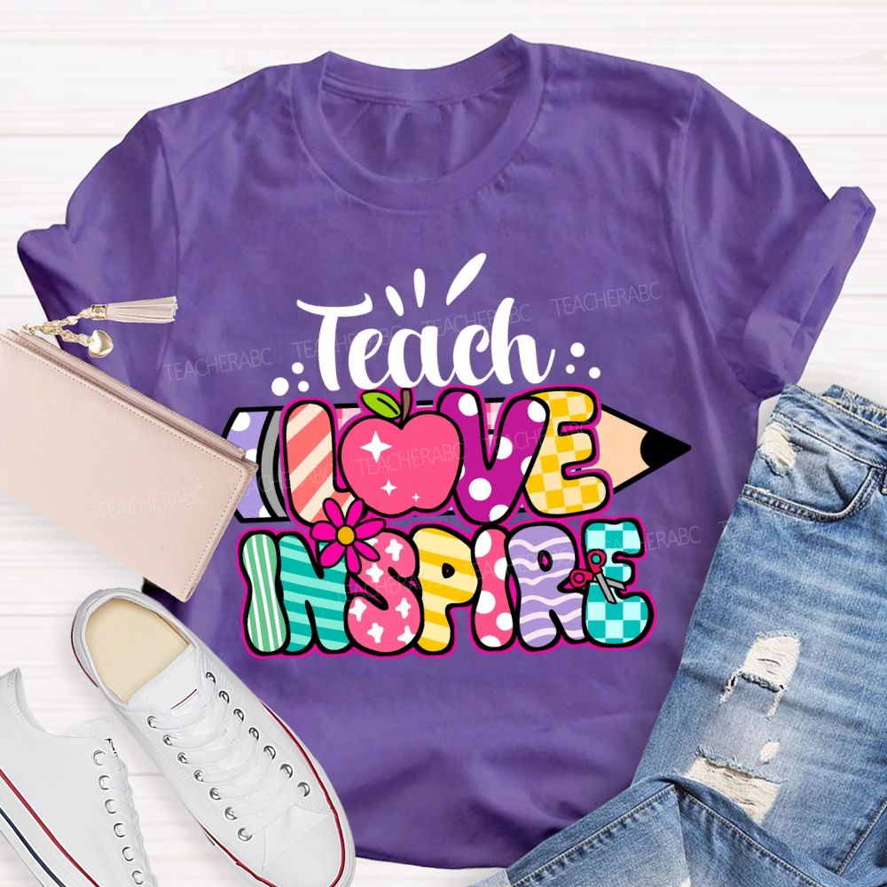Teach Love Inspire Pencil Strip Plaid Teacher T-shirt