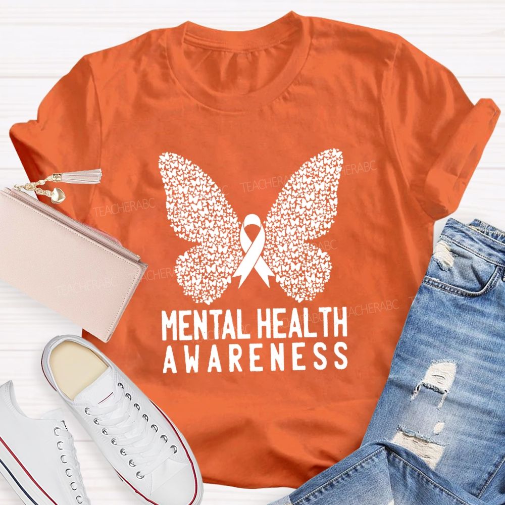 Mental Health Awareness Butterfly Ribbon Teacher T-Shirt