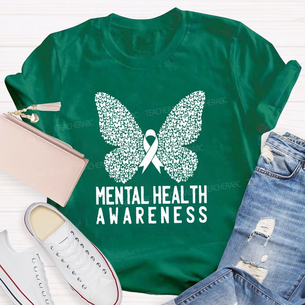 Mental Health Awareness Butterfly Ribbon Teacher T-Shirt