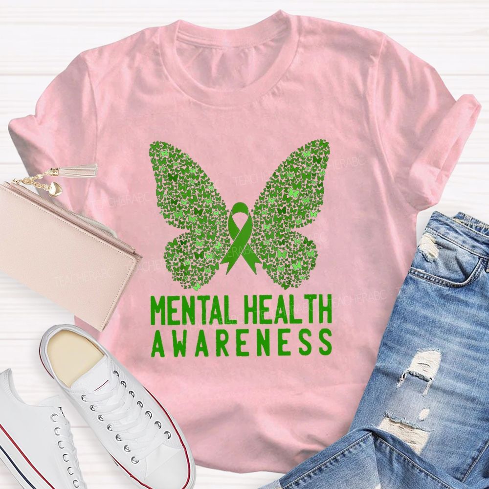 Mental Health Awareness Butterfly Ribbon Teacher T-Shirt