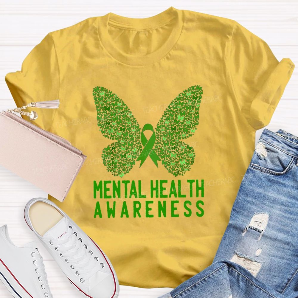 Mental Health Awareness Butterfly Ribbon Teacher T-Shirt