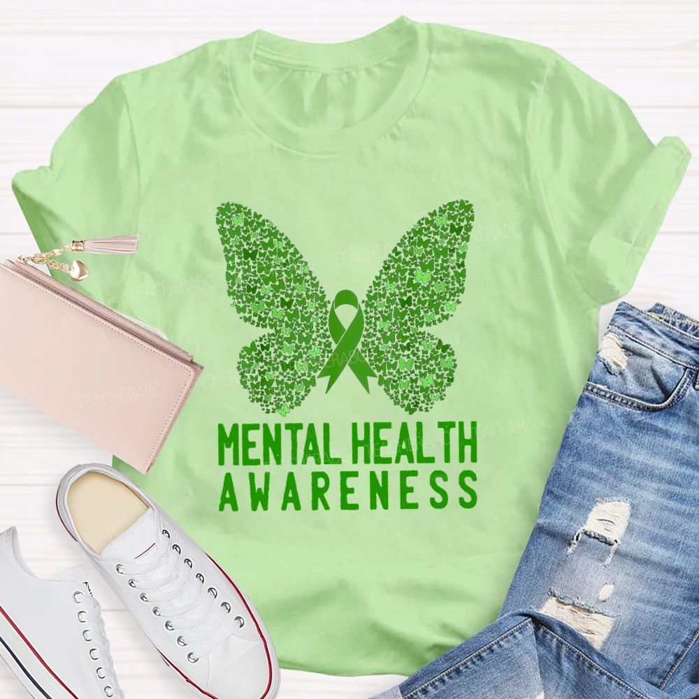 Mental Health Awareness Butterfly Ribbon Teacher T-Shirt