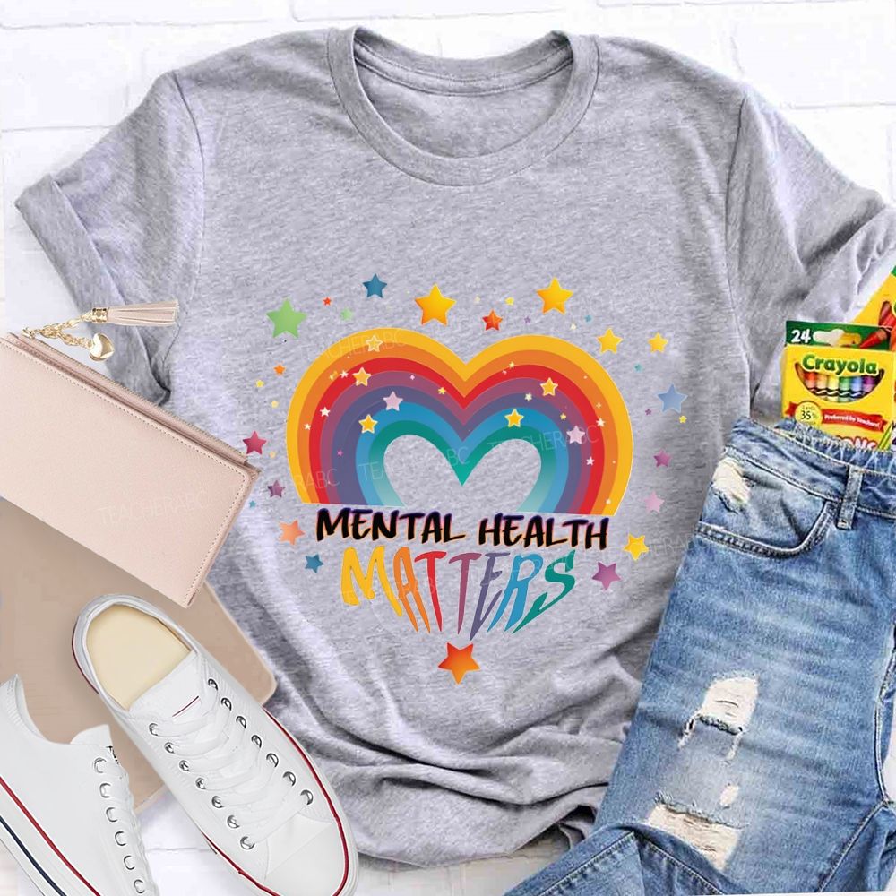 Mental Health Matters And Gradient Hearts And Stars Teacher T-shirt